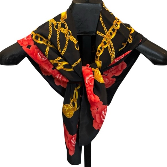 Large Black Satin Scarf with Gold Chain Print & Red Floral Border Square Scarf - Picture 9 of 12